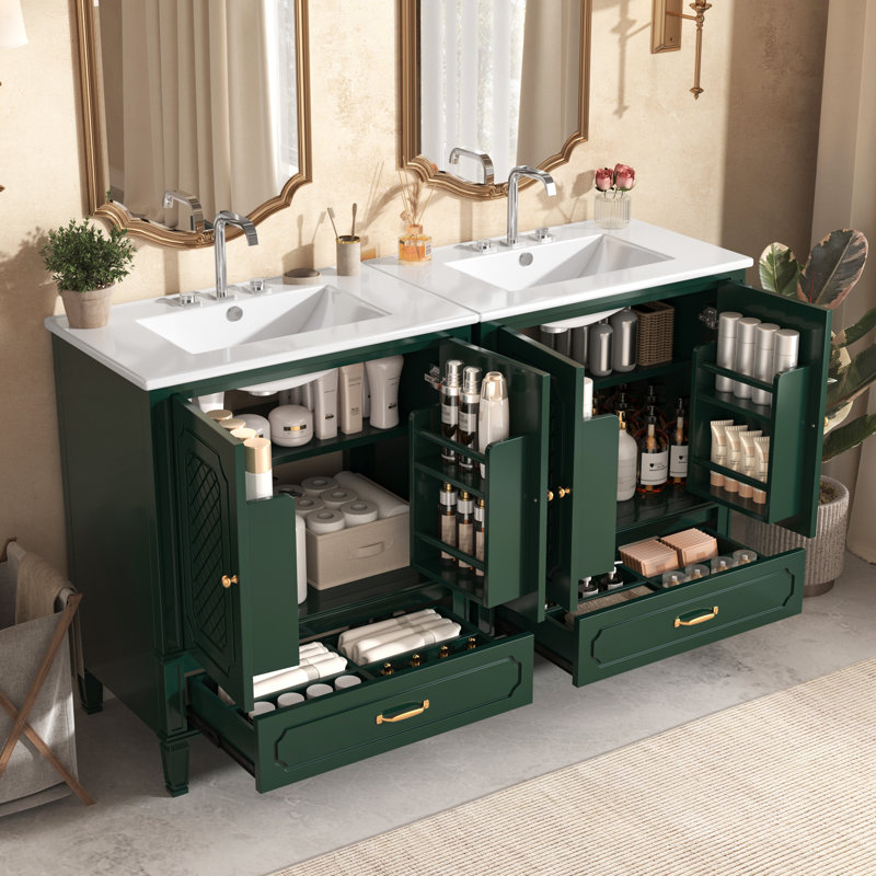Ensemble de meuble-lavabo double Premium en bois d'acacia et en céramique - Design rétro-chic pour salles de bain élégantes