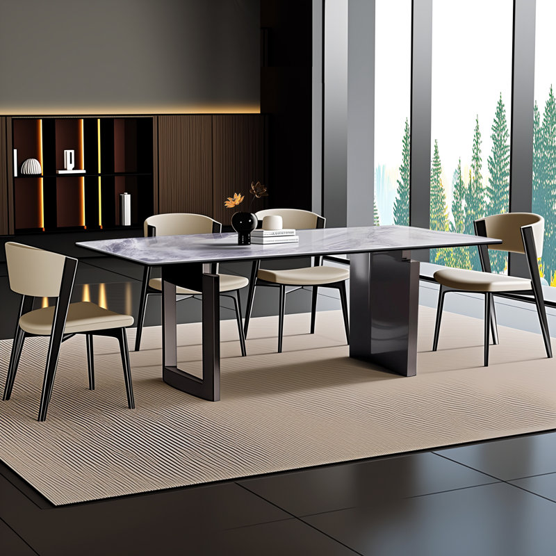 Rectangular Marble & Sintered Stone Dining Table with Double Pedestals, 29.53"H x 62"L x 35.43"W