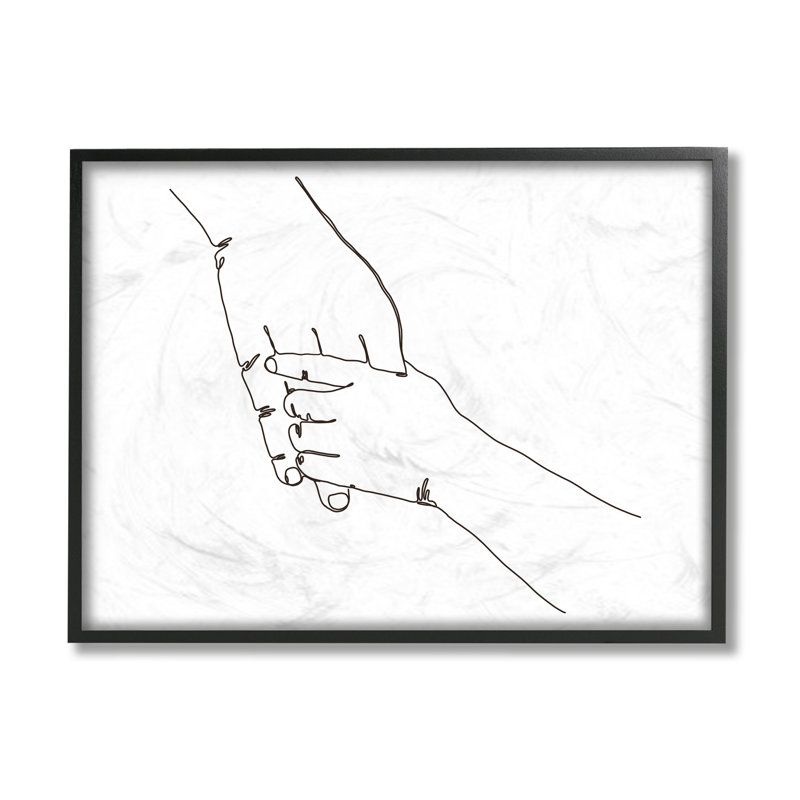 Une famille se tenant la main pose un dessin au trait minimal, Giclée encadrée noir minuit, H 24 po x l 30 po x P 1,5 po