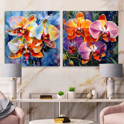 «Beautiful Colorful Dreamy Orchids», ensemble de 2 peintures murales en acrylique