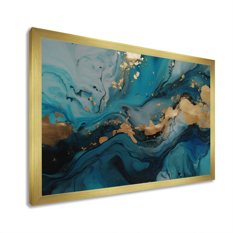 Exploration des profondeurs de la géode bleue dorée II - reproduction, Encadrement doré, H 16 po x l 32 po x P 1 po