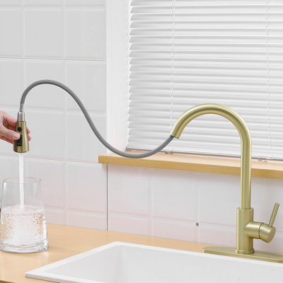 Robinet de cuisine en nickel doré avec plaque de pont et extractible, une poignée, architecture à jet rotatif à 360 °, remplissage en céramique, acier inoxydable, robinets d'évier rotatifs modernes à jet
