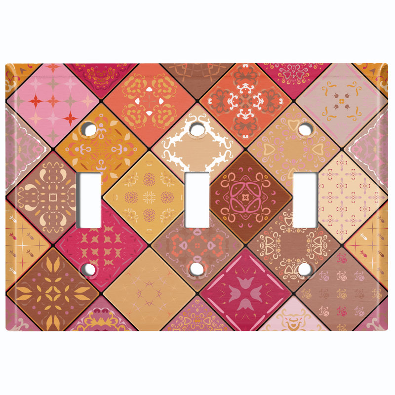 Patterned 3 - Gang Toggle Light Switch Standard Wall Plate, Pink/Orange/Brown