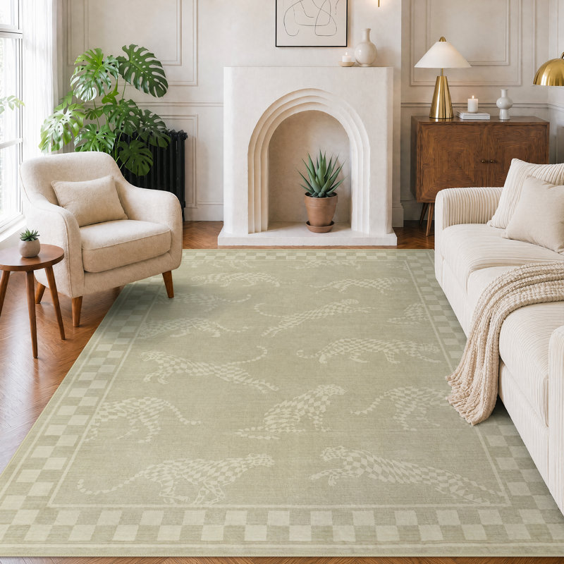 Tapis vert lavable à la machine, tapis de salle à manger doux et antidérapant pour salle de jeux, Beige, Rectangle 8' x 10'