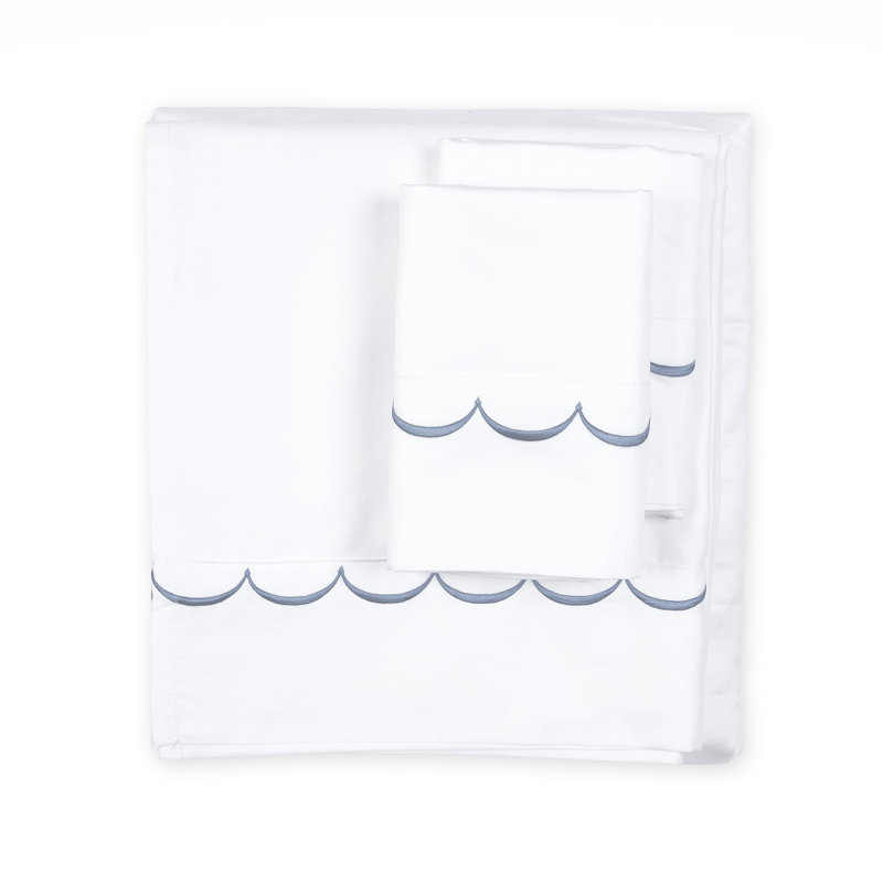 Ensemble de draps 100% coton 600 fils Camillo Scallop, Ensemble de drap pour lit très grand avec drap-ho, Bleu