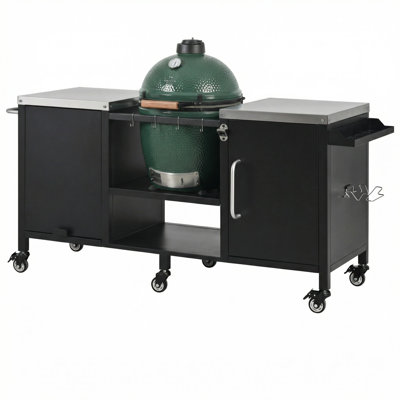 Grande table de barbecue 72,4 "pour Big Green Egg - Îlot de cuisine extérieur en métal avec table de préparation pliable, tablettes réglables et support à épices