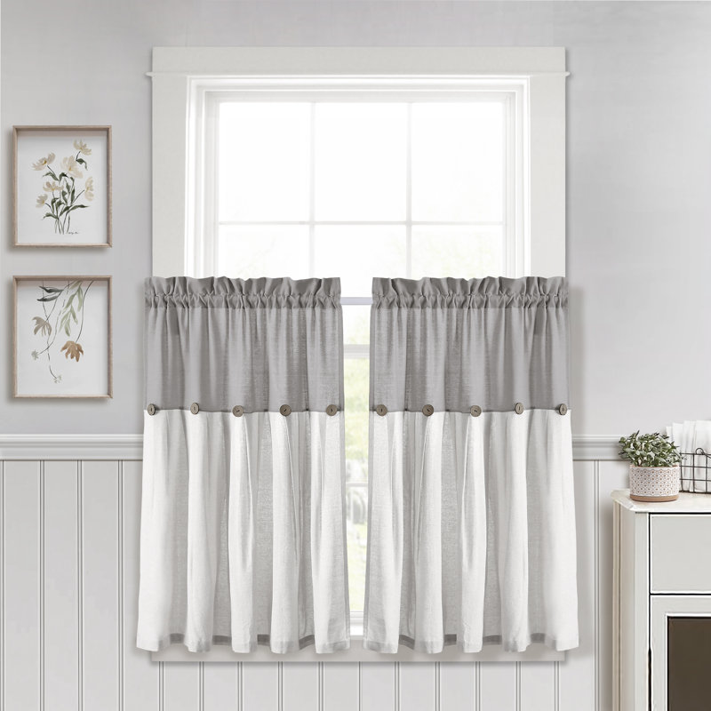 Rideau de cuisine en lin de couleur unie à boutons, L 29 po x L 36 po, Gris / blanc