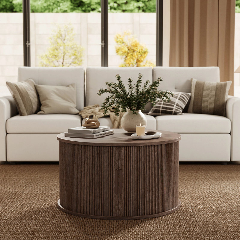 Table basse ronde avec grand rangement Leathia, Oak