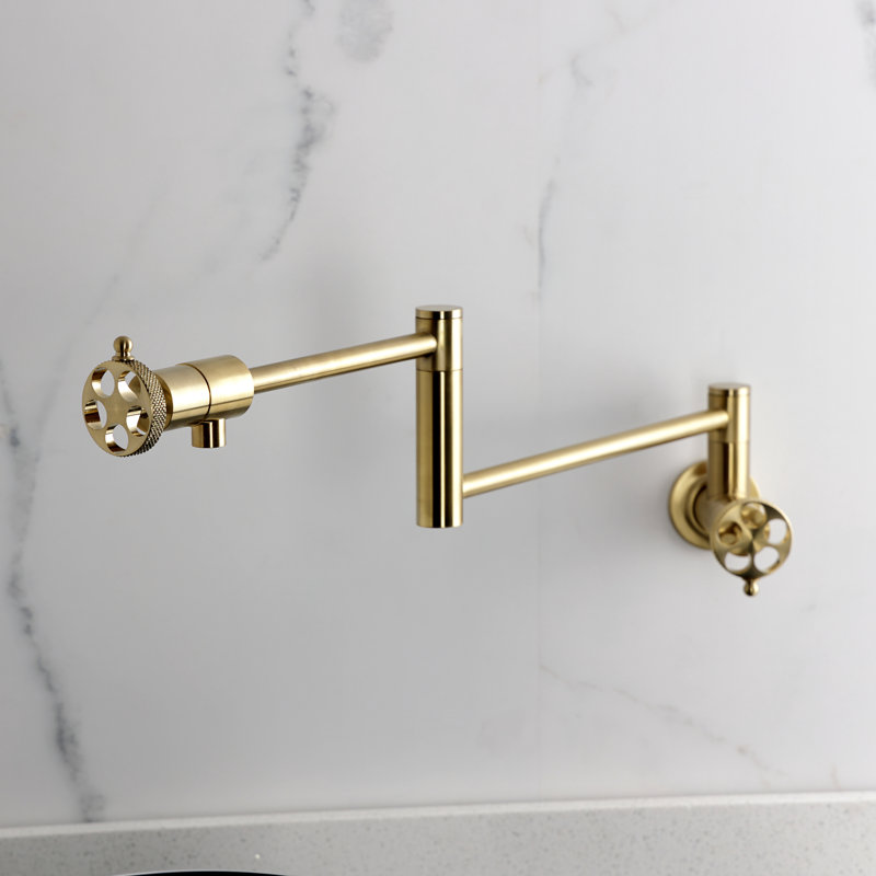 Kingston Brass Webb Two-Handle 1-Hole Wall Mount Pot Filler Faucet with Knurled Handle, Brushed Brass
