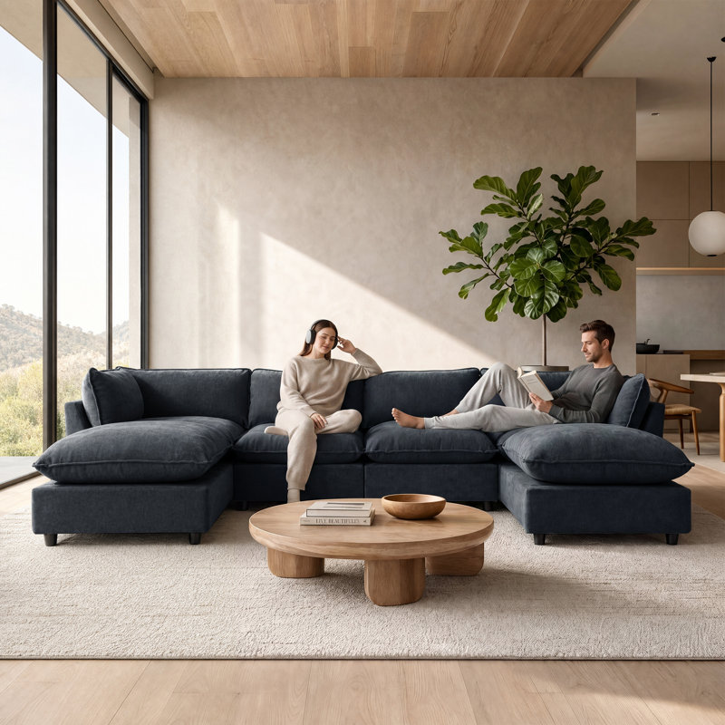 Canapé modulaire rembourré 5 pièces en L avec assise profonde 5 pièces, Chenille bleu foncé