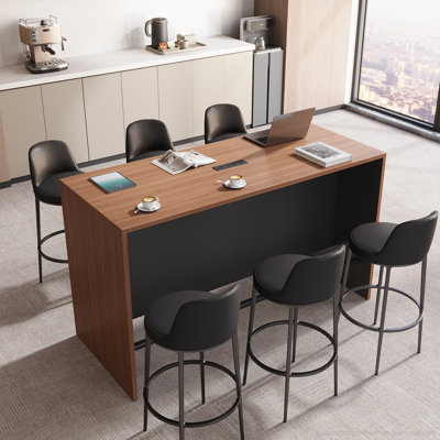 71 in. Rectangular Bar-Height Breakroom Table with Built-In Power Grommet, 3 AC Outlets, USB Ports, Metal Footrest, Walnut/Black