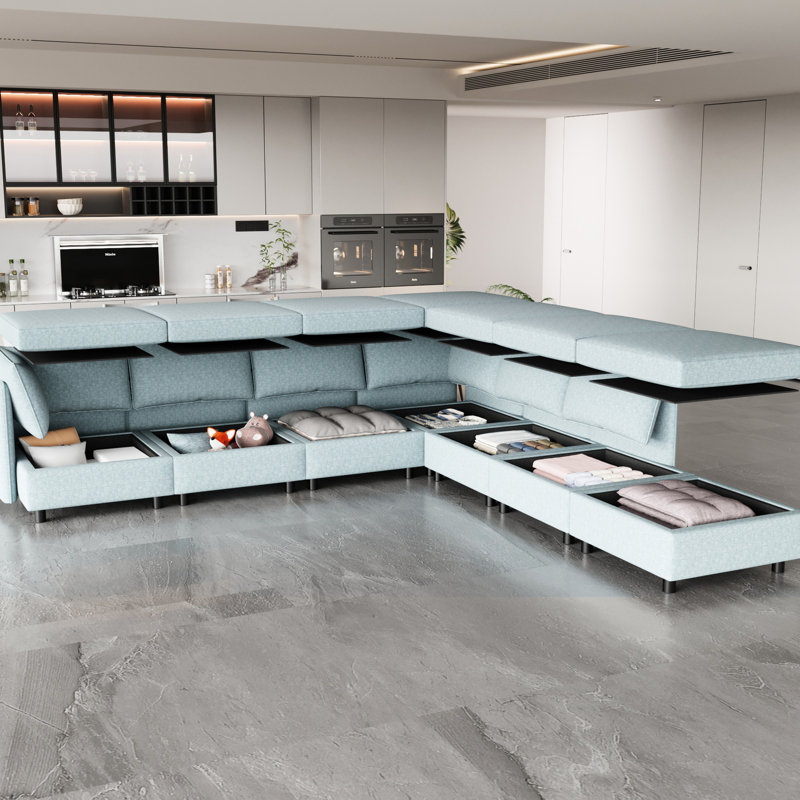 Convertible avec canapé-lit et capacité de rangement, tissu chenille bleu antique, 8, 129 po Profondeur, 124 po Largeur, 32 po Hauteur de rangement, bleu, profond, large, haut