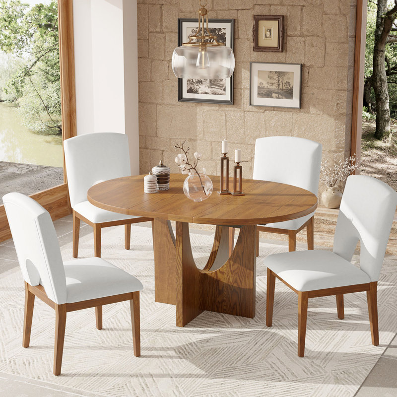 Ensemble de table de salle à manger extensible 5 pièces avec rallonge amovible pour petits espaces, Walnut, Walnut, Beige