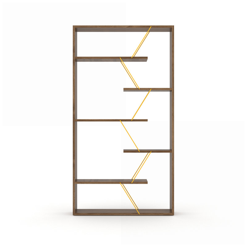 Bookshelf Industrial Modern 6-Shelf Open Back Etagere for Office &amp; Living Room | Walnut/Yellow | Walnut | Solid Wood