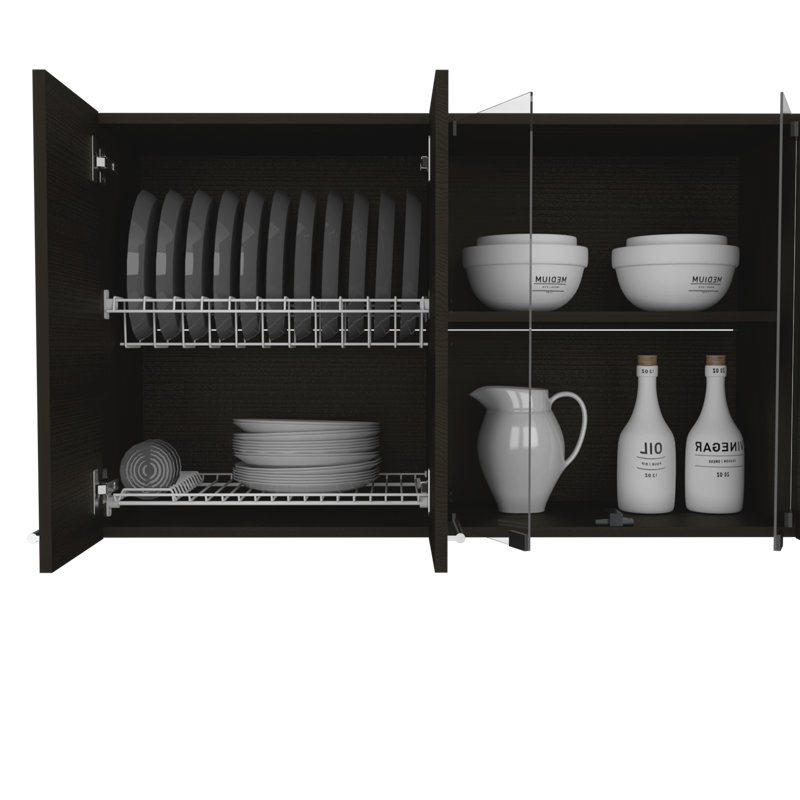Meuble de rangement mural de cuisine TUHOME Jewlia 150 cm (L) à 6 portes avec égouttoir et étagères ouvertes – Wengé, Noir