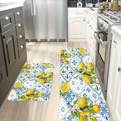 Blue Tile Pattern Lemon Print Kitchen Breakfast Nook Set of 2 Kitchen Floor Mats