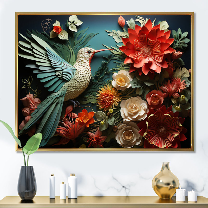 Coral Red Hummingbird Harmony - Animals Canvas Prints, H 30 po x l 40 po x P 1,5 po, Cadre flottant doré