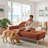 Modern Rainbow-Inspired Curved Backrest Chaise Lounge with Tapered Wood Legs, Ocher Linen-1076173661