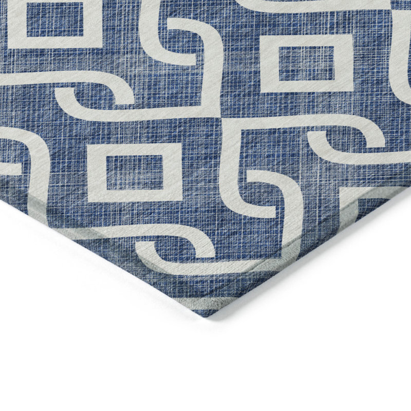 3' X 5' Navy Blue And Ivory Geometric Washable Indoor Outdoor Area Rug