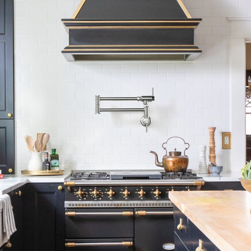 Wall Mount Pot Filler Kitchen Faucet Solid Brass With Retractable Arm, Brushed Nickel