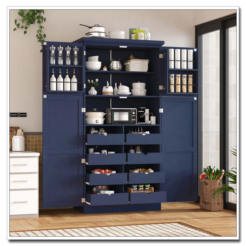 Grande armoire de rangement autoportante avec plateaux de cuisine, Bleu