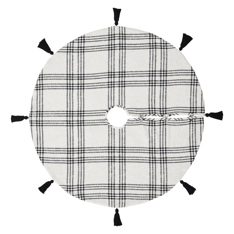 Black and White Plaid Cotton Christmas Tree Skirt, 48" Diameter