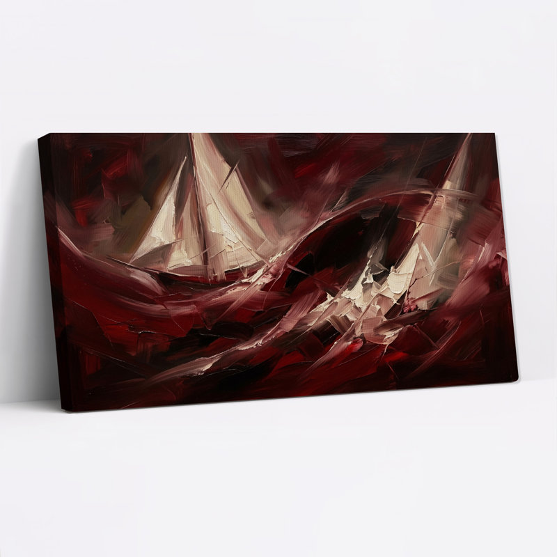 Tableau abstrait à coups de pinceau rouge foncé et crème sur toile, L 32 po x H 16 po