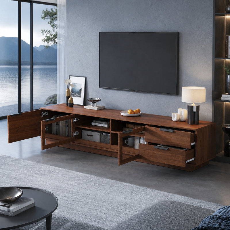 Meuble télé moderne en noyer pour téléviseur de 85 po ou moins avec porte cannelée, armoires en verre et 2 tiroirs