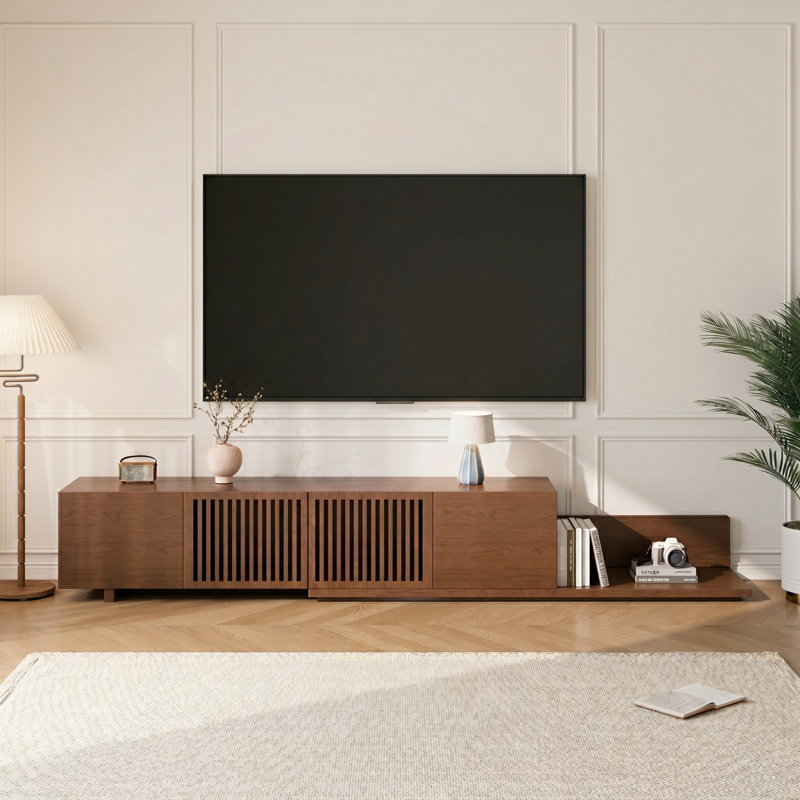 Meuble de télévision extensible et rétractable de 70,9" à 120" (180-305 cm), console multimédia de style moderne du milieu du siècle avec placards et étagères ouvertes