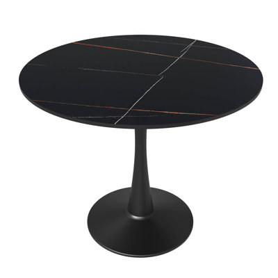 Round Dining Table With Sintered Stone Top And Steel Pedestal Base Restaurant Table - Seats 2-4 Person For Kitchen And Dining Room