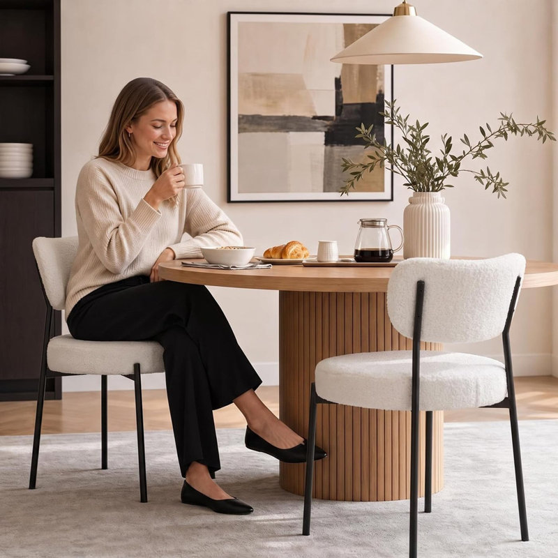 Boucle Dining Chairs Set of 2, Kitchen Chairs Set of 2 with Cushion and Curved Backrest for Living Room Restaurant, White
