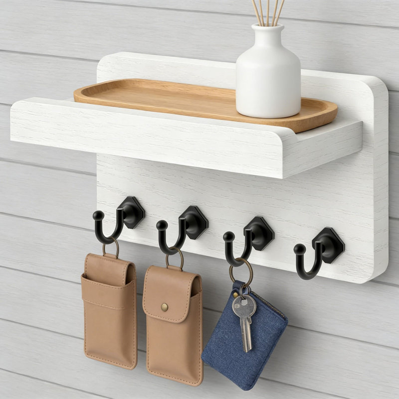 Porte-clés mural en bois avec tablette et 4 crochets, rangement pour clés, courrier et décoration intérieure, Blanc