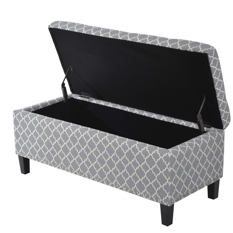 Repose-pieds capitonné rectangulaire avec rangement Hagan, Motif géométrique gris / blanc