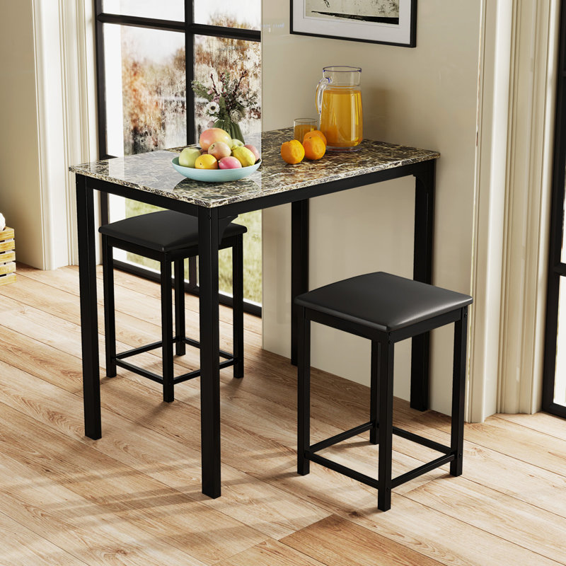 17 Stories 3pcs Counter Height Table Set 2 Chairs Bar Dining Room Faux Marble Black