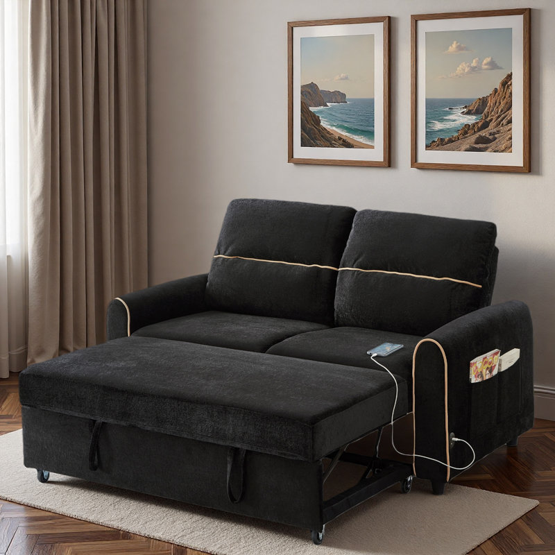 Convertible Pull Out Sofa Bed With Adjustable 3-position Backrest, 4 Side Pockets, Charging Ports And Elegant Gold Stitching