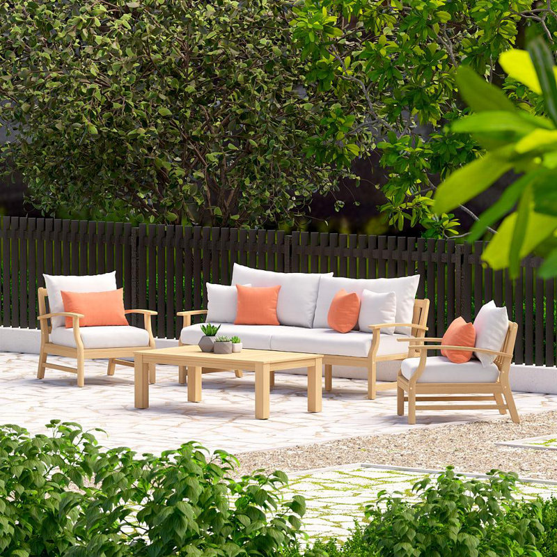Paulet 4 Piece Sofa Seating Seating Group With Sunbrella Cushion Covers, Cast Coral Sunbrella® Plainweave