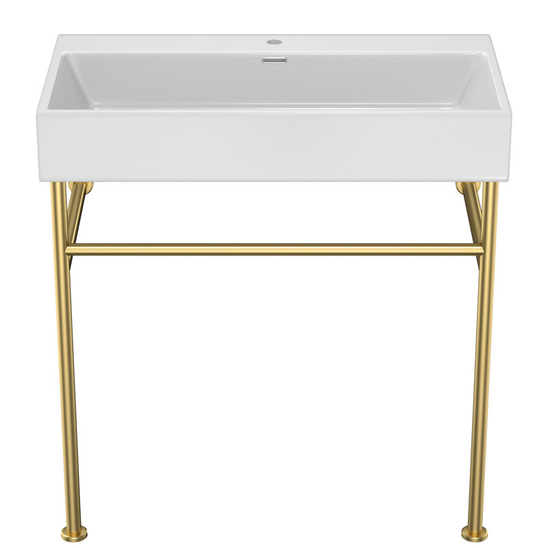 Console de lavabo à débordement 30 po, cuve en céramique blanche et pieds de lavabo de salle de bain joyeux avec trop-plein, séduisant - extérieur