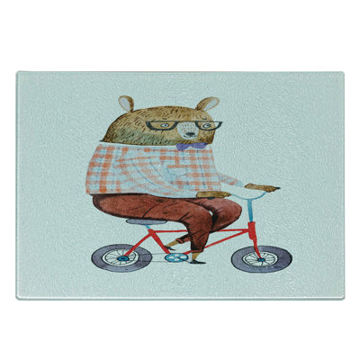 Ambesonne Funny Tempered Glass Cutting Board Urban Bear on Bicycle Multicolor