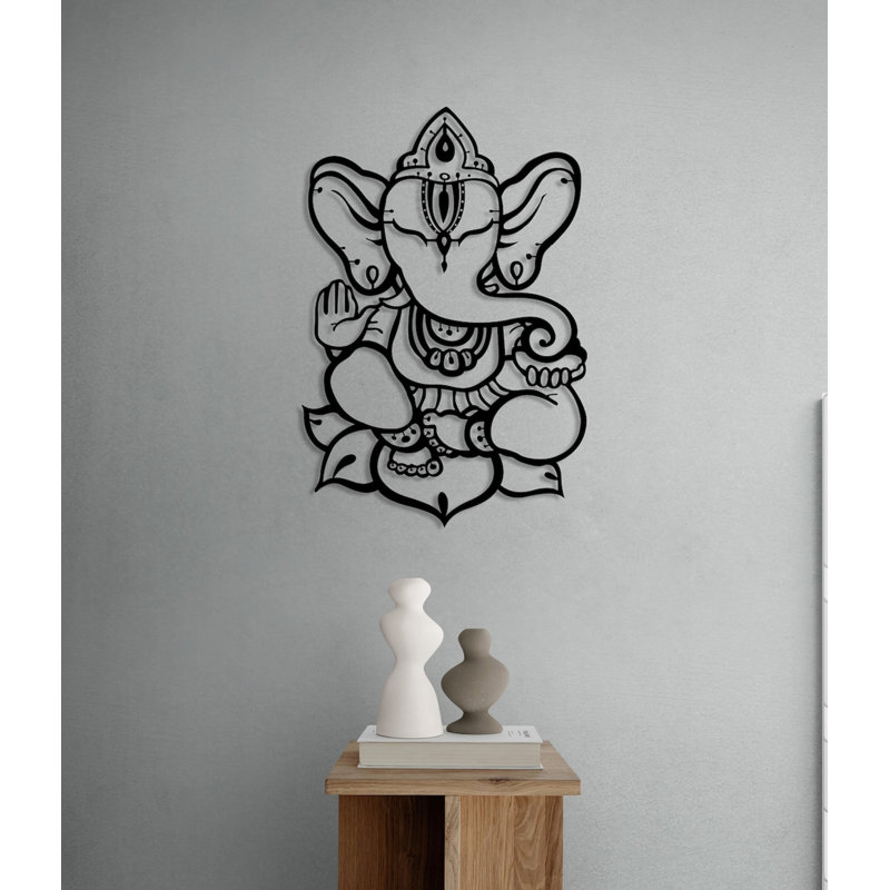 Metal Ganesha Idol Wall Hanging Decor, Ganapati Metal Wall Art Lord Ganesh Idol, Matte Black, 18" H x 12" W x 0.50" D