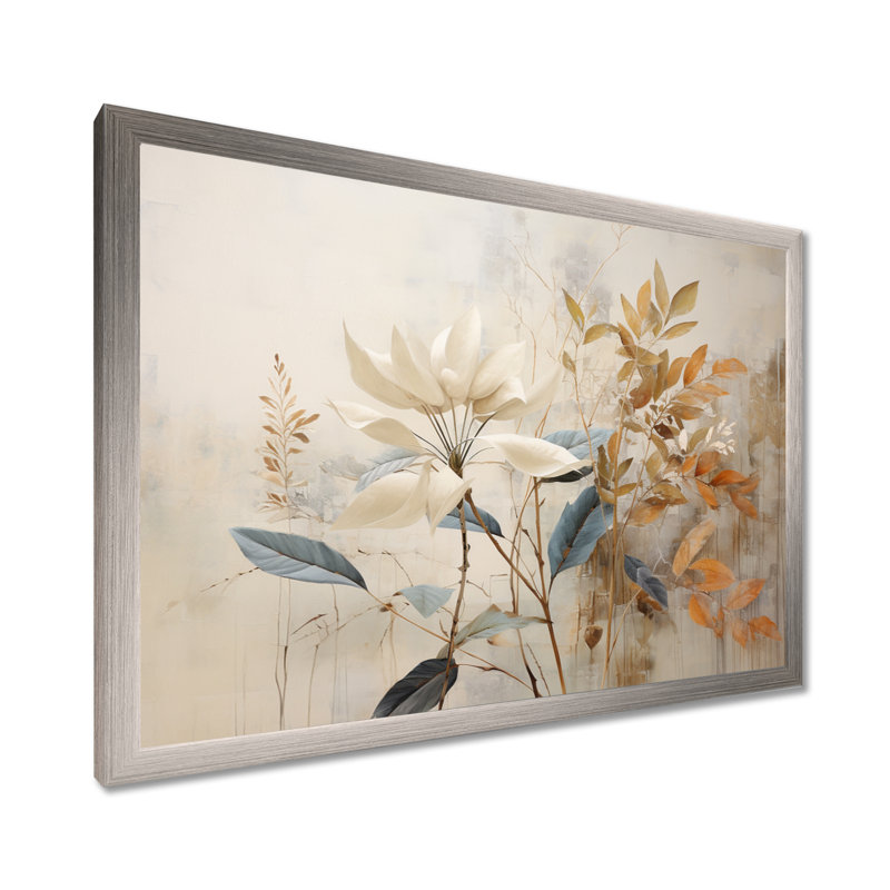 Beige minimalisme botanique, sérénité I - plantes, art mural, Cadre photo argenté, H 34 po x l 44 po x P 1,5 po