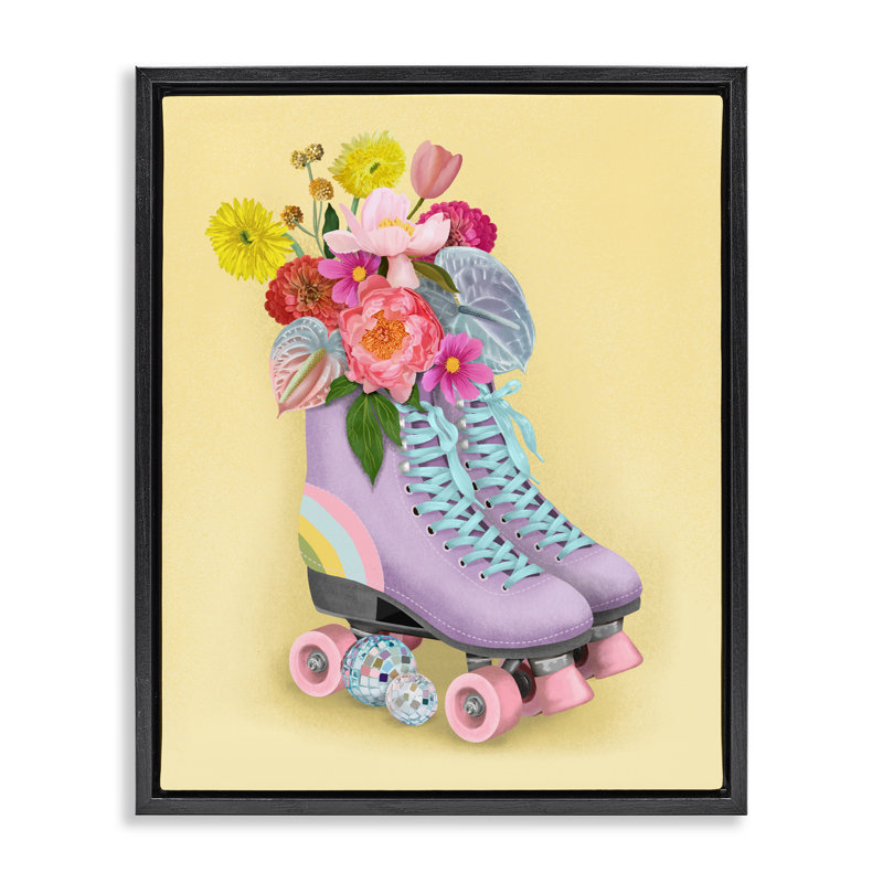 Disco Roller Skate Flowers Floating Frame, design by Jilly Jack Designs, Jet Black Floater Frame, 21" H x 17" W