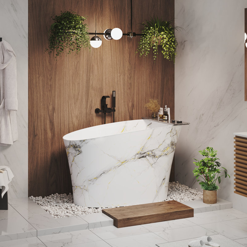 CASAINC 51" Solid Surface Freestanding Soaking Bathtub With Wooden Pattern