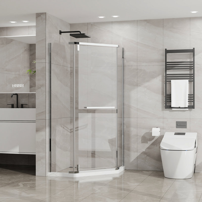 Goodyo Neo-Angle Frameless Shower Door 36 In. D X 36 In. W X 72 In. H Corner Shower Enclosure With Clear SGCC Tempered Glass Pivot Shower Door In Chrome Finish