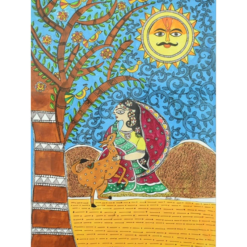 Femme avec un cerf | Stylo et couleur sur papier | Par Pooja Jha | Avec cadre