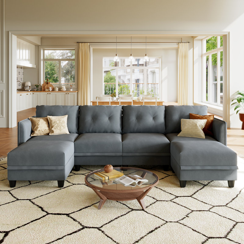 Canapé modulaire en U avec repose-pieds 6 pièces Zendejas, Velours gris velours
