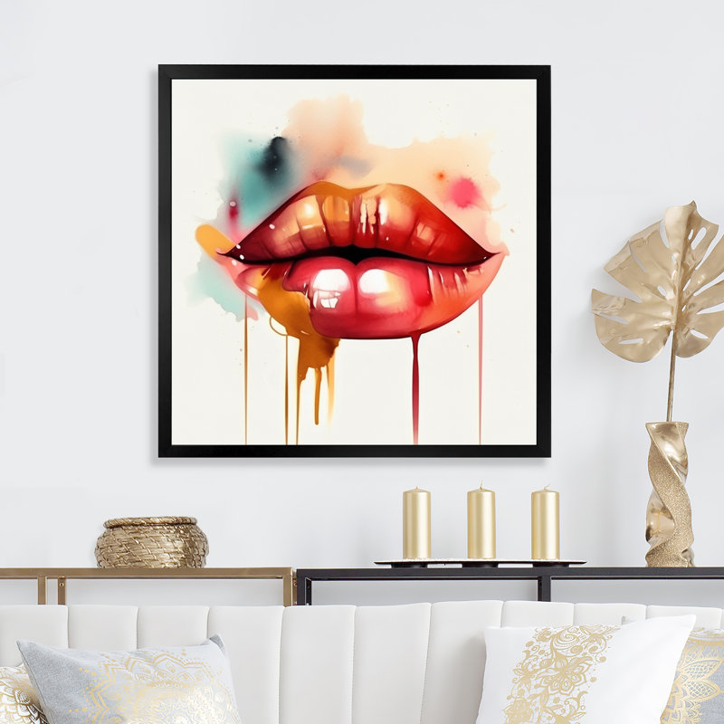 Red Lips Of Luxury I - Art mural sur toile tendance, H 16 po x l 16 po x P 1 po, Cadre photo noir
