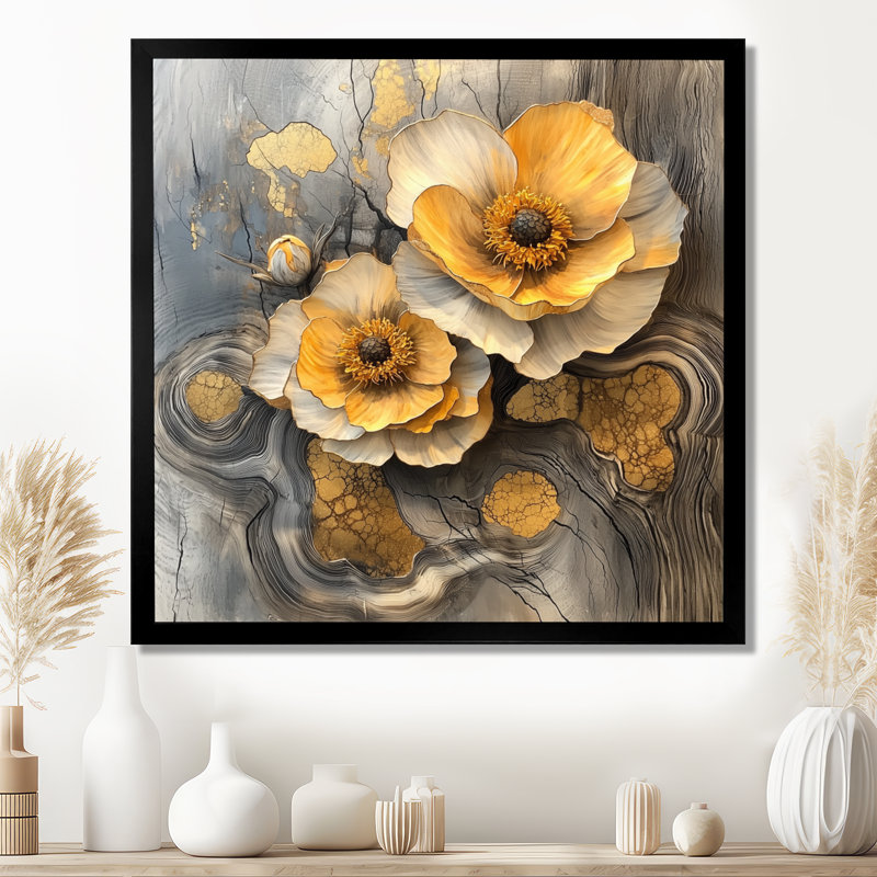 «Autumn Mums Flowers On Onyx Crystal River II», art mural de salon pour les mamans, Reproduction encadrée d'une seule photo
