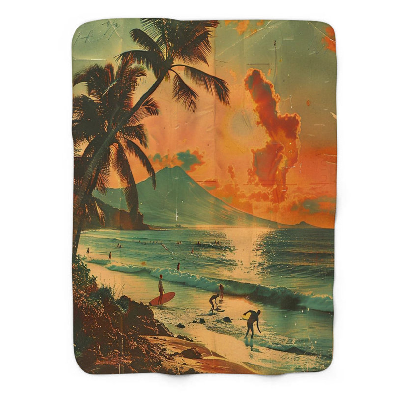 Couverture en sherpa de qualité supérieure 1 pièce Nostalgic Island Sunset, Grand lit
