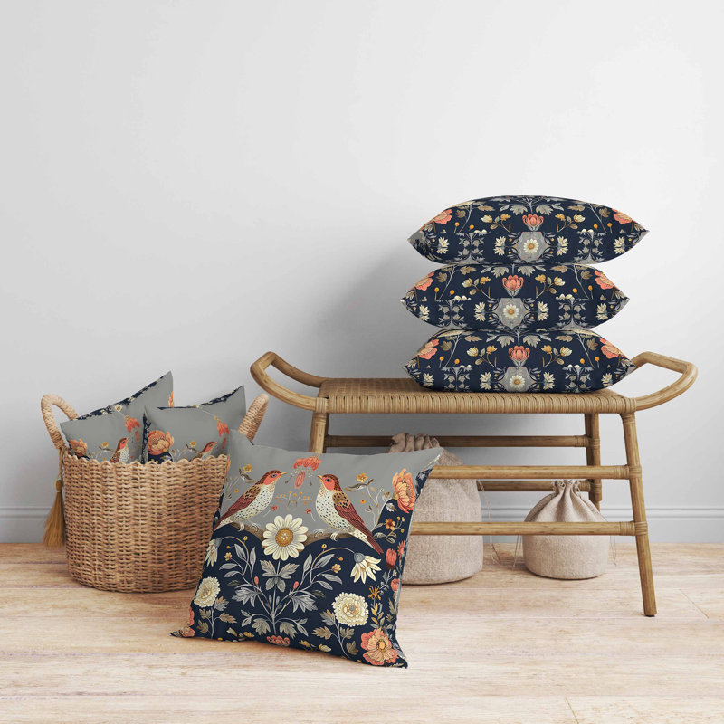 Coussin Birdsong, Carré 16 po, Bleu / orange / bleu marine / gris