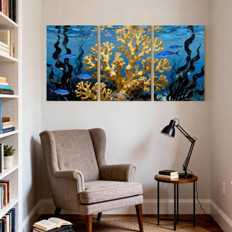 Underwater Coral Reef Fish Scene, ensemble de 3 reproductions d'art sur toile, H 24 po x l 48 po